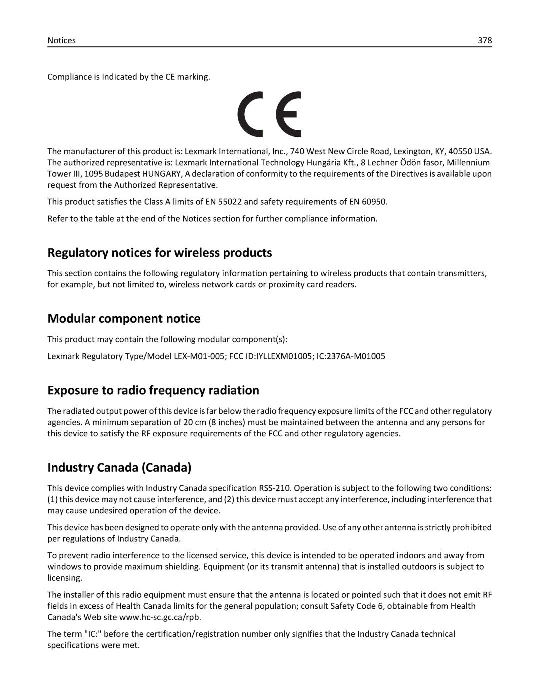 Lexmark 496 Regulatory notices for wireless products, Modular component notice, Exposure to radio frequency radiation, 378 