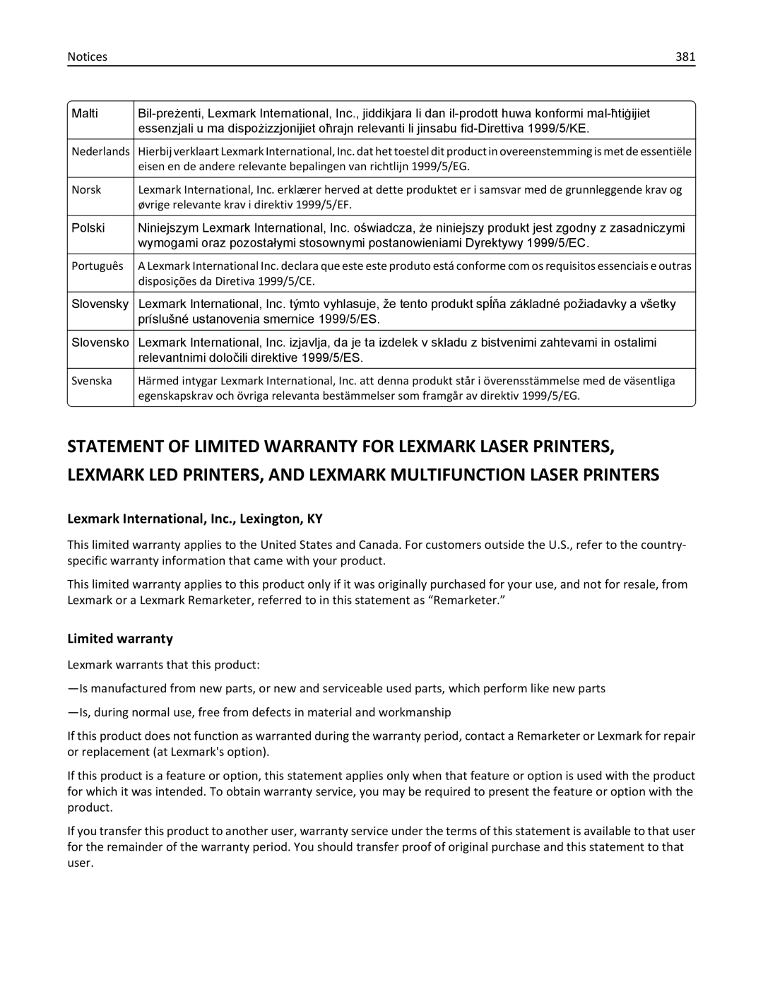 Lexmark 496, 696, 896 manual Lexmark International, Inc., Lexington, KY, Limited warranty, 381 