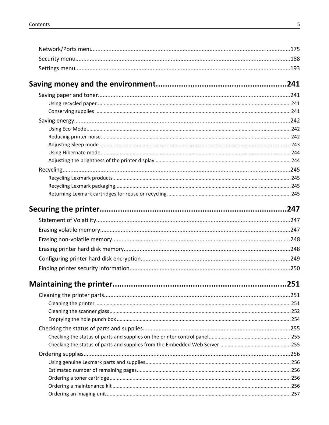 Lexmark 896, 496, 696 manual Saving money and the environment 241, Securing the printer 247, Maintaining the printer 251 