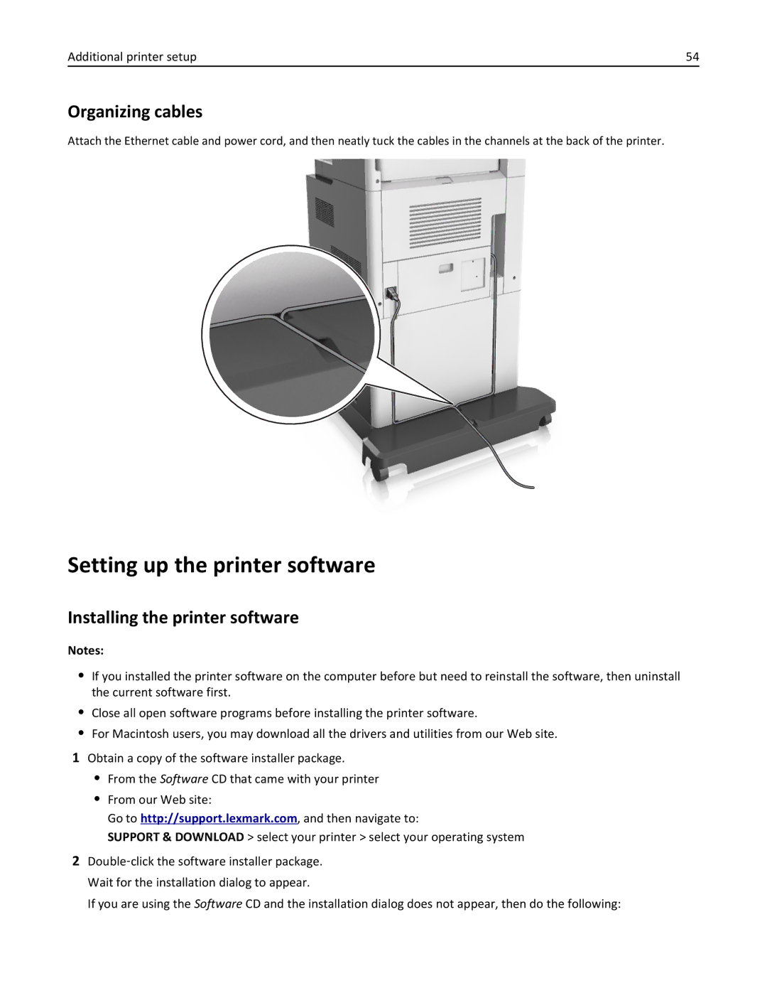 Lexmark 496, 696, 896 manual Setting up the printer software, Organizing cables, Installing the printer software 