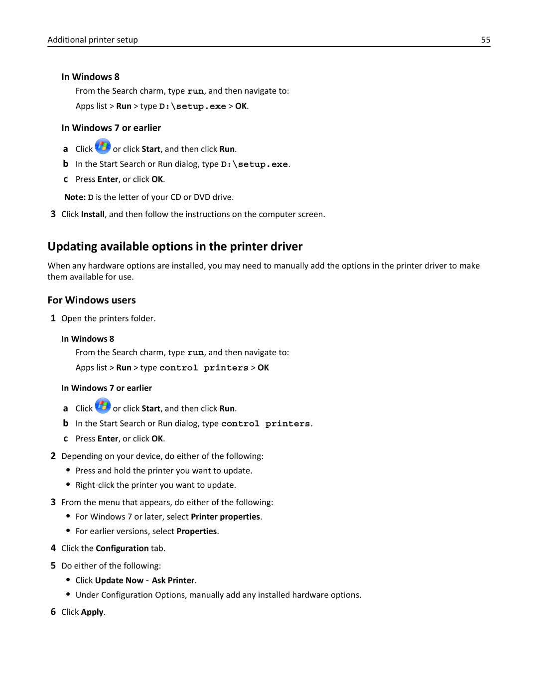 Lexmark 696, 496, 896 Updating available options in the printer driver, Open the printers folder, Windows 7 or earlier 