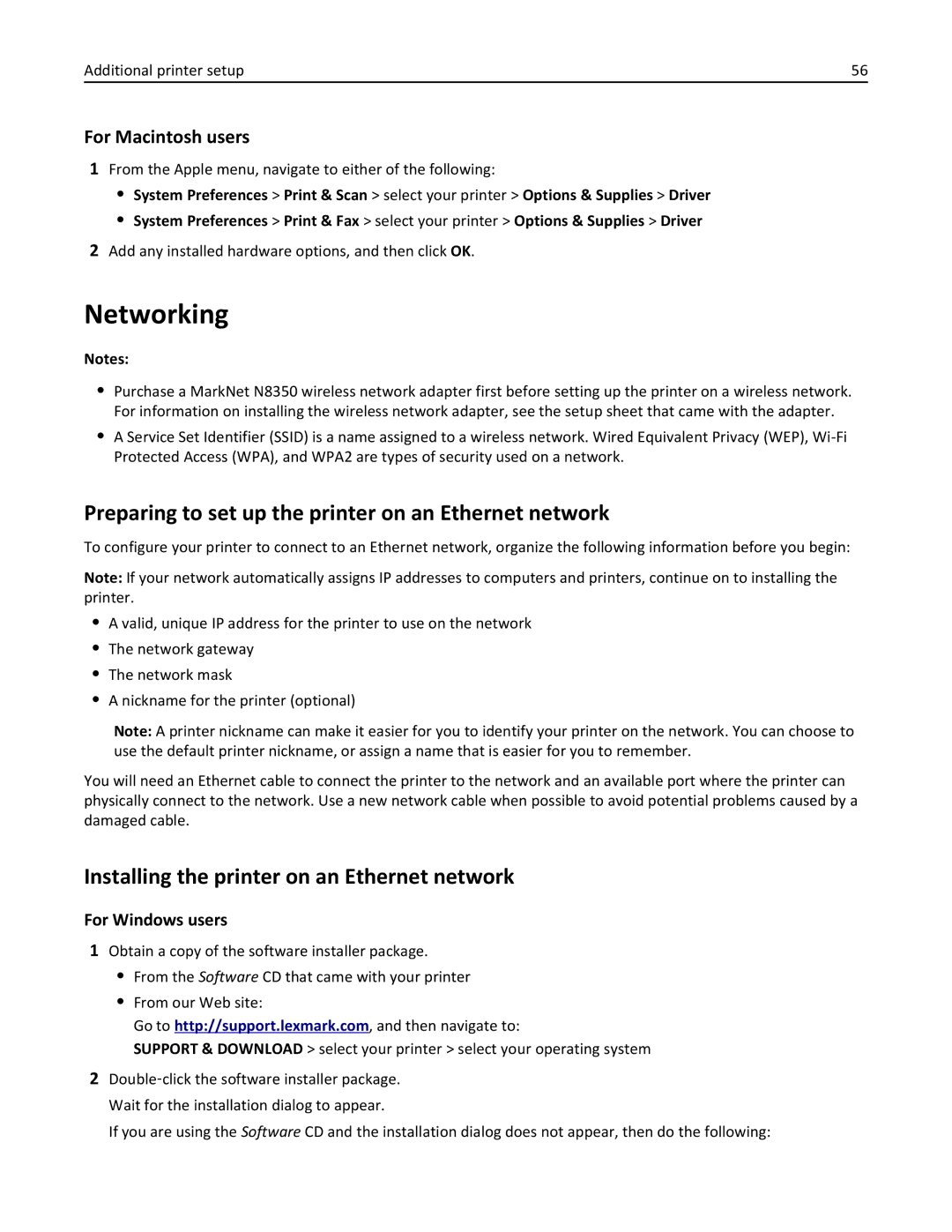 Lexmark 896, 496, 696 manual Networking, Preparing to set up the printer on an Ethernet network, For Windows users 