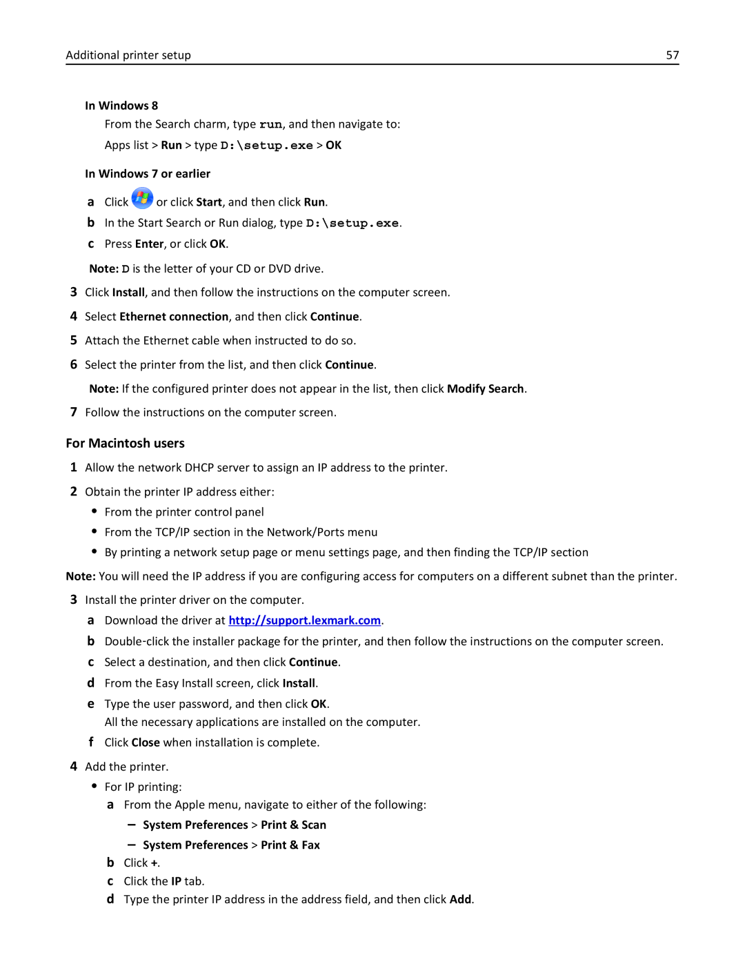 Lexmark 496, 696, 896 manual For Macintosh users, Select Ethernet connection, and then click Continue 