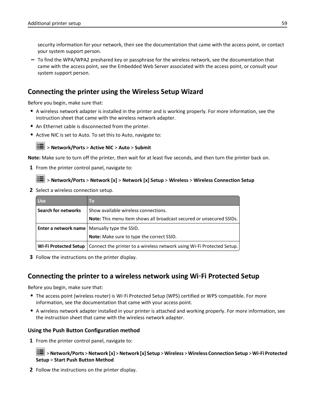 Lexmark 896, 496, 696 Connecting the printer using the Wireless Setup Wizard, Using the Push Button Configuration method 