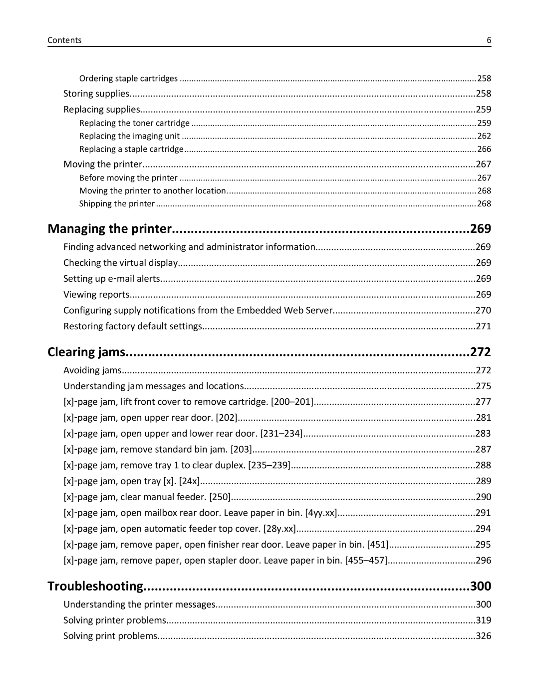 Lexmark 496, 696, 896 manual Managing the printer 269, Clearing jams 272, Troubleshooting 300 