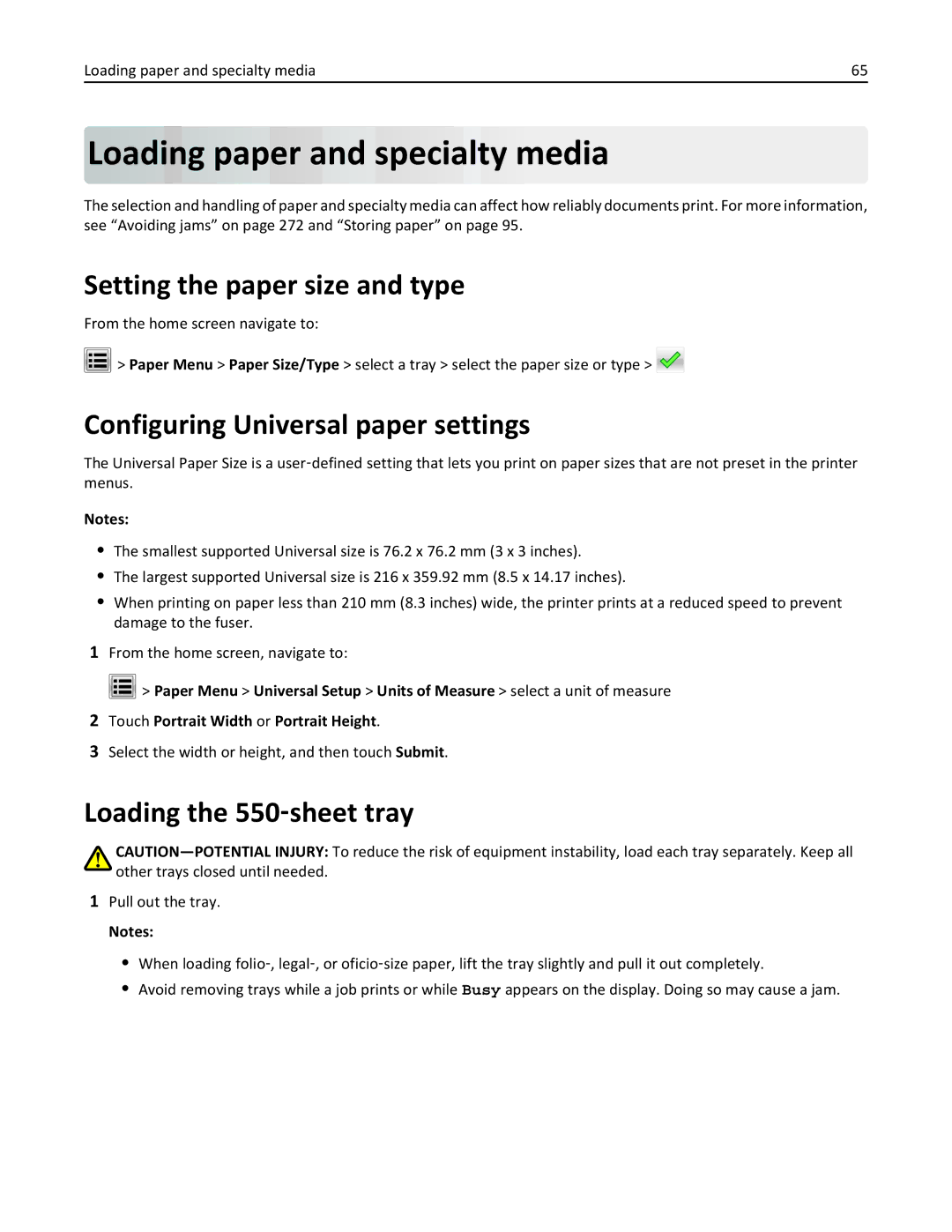 Lexmark 896, 496 Loading paper and specialty media, Setting the paper size and type, Configuring Universal paper settings 