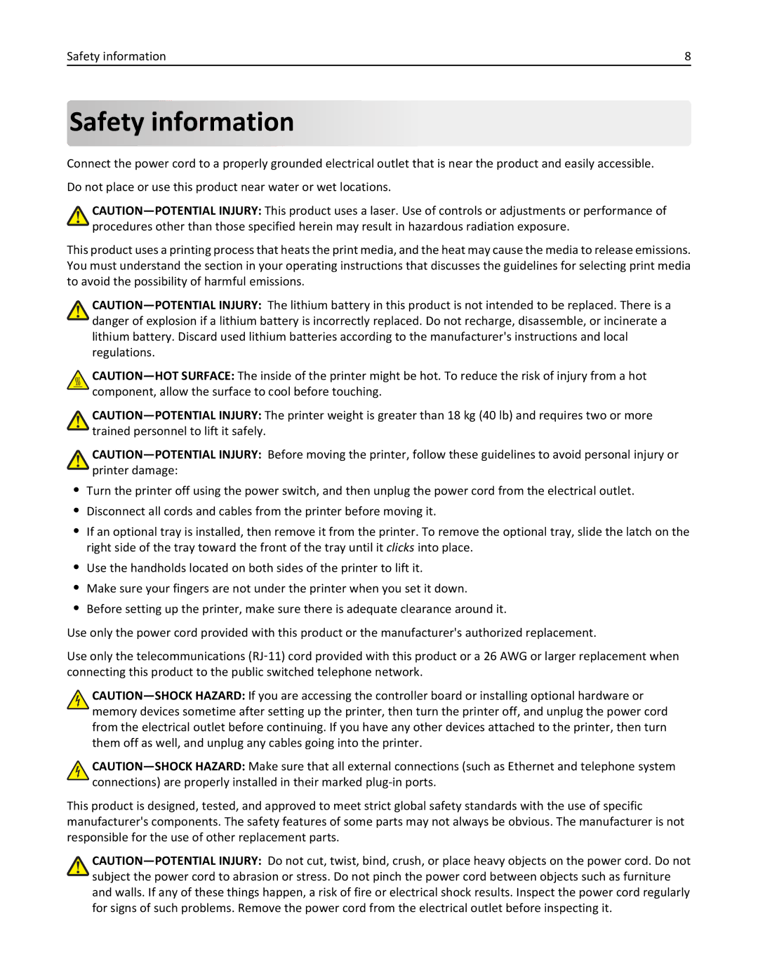 Lexmark 896, 496, 696 manual Safety information 