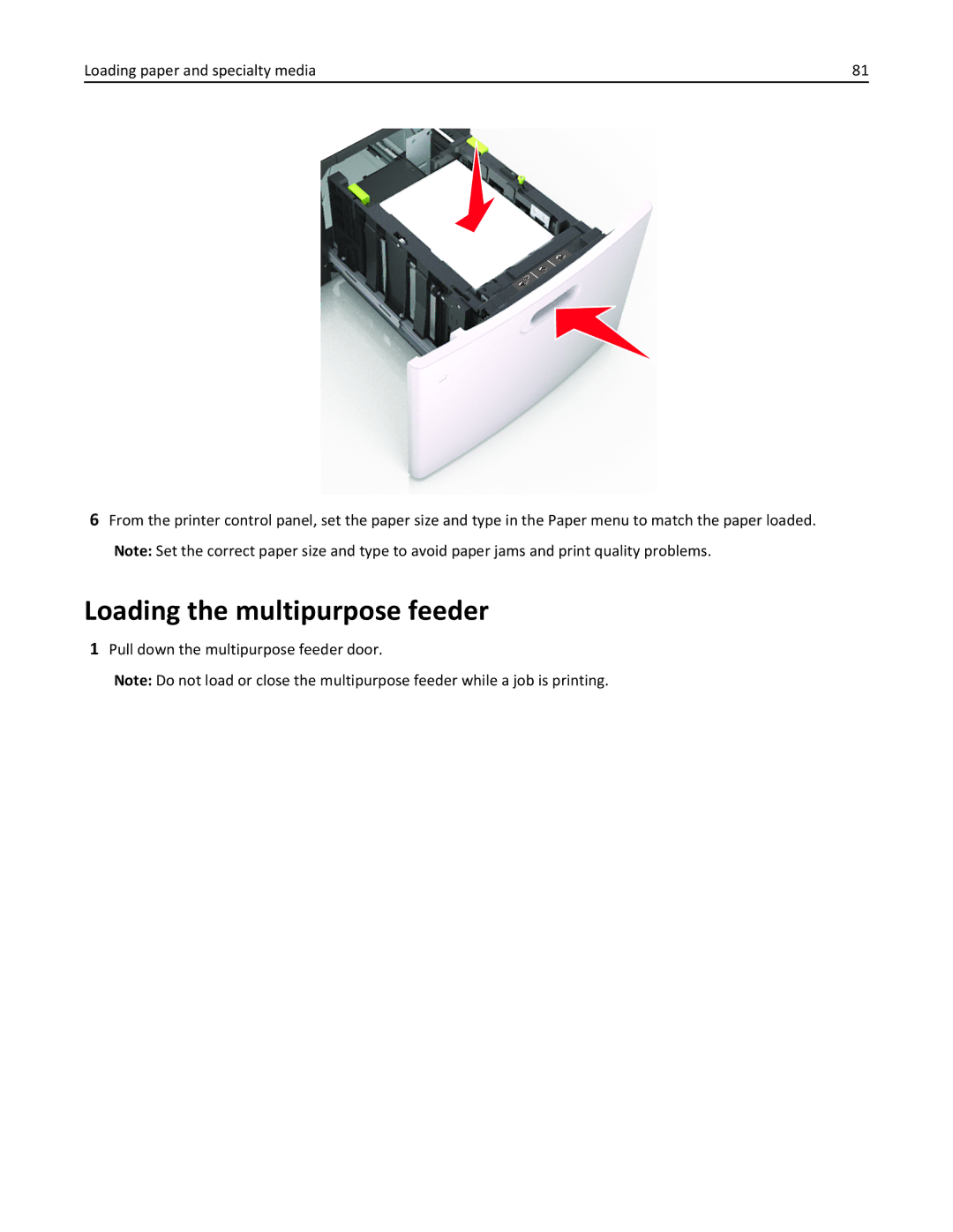 Lexmark 496, 696, 896 manual Loading the multipurpose feeder, Pull down the multipurpose feeder door 