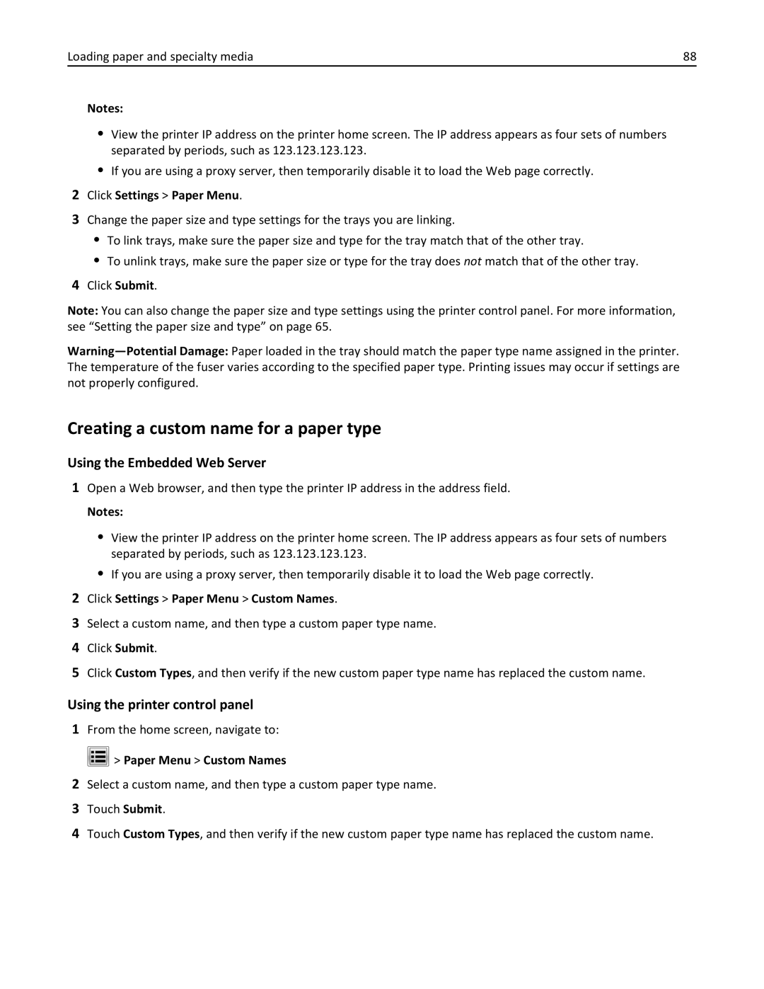 Lexmark 696, 496 Creating a custom name for a paper type, Using the Embedded Web Server, Using the printer control panel 