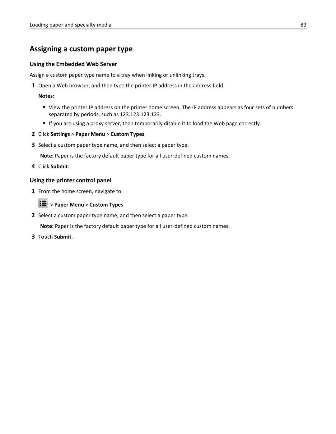 Lexmark 896, 496, 696 manual Assigning a custom paper type, Click Settings Paper Menu Custom Types 