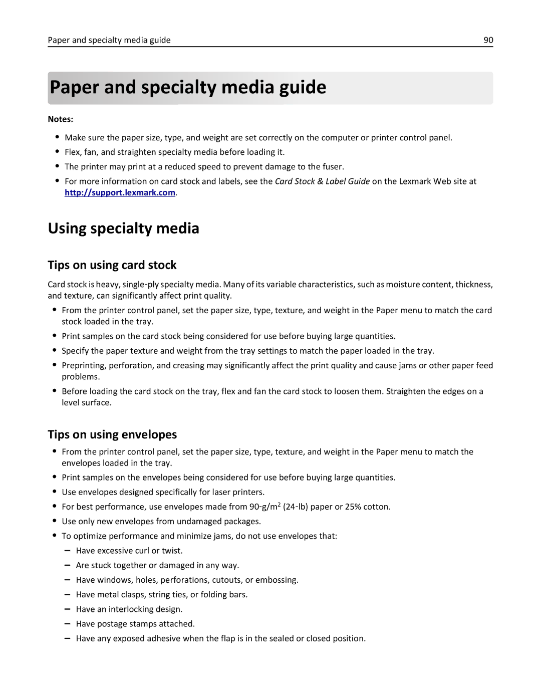 Lexmark 496, 696 Paper and specialty media guide, Using specialty media, Tips on using card stock, Tips on using envelopes 