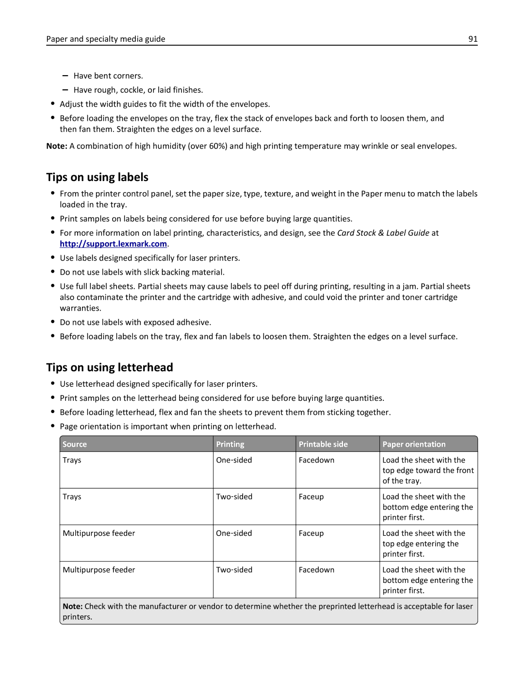 Lexmark 696, 496, 896 manual Tips on using labels, Tips on using letterhead, Source Printing Printable side Paper orientation 