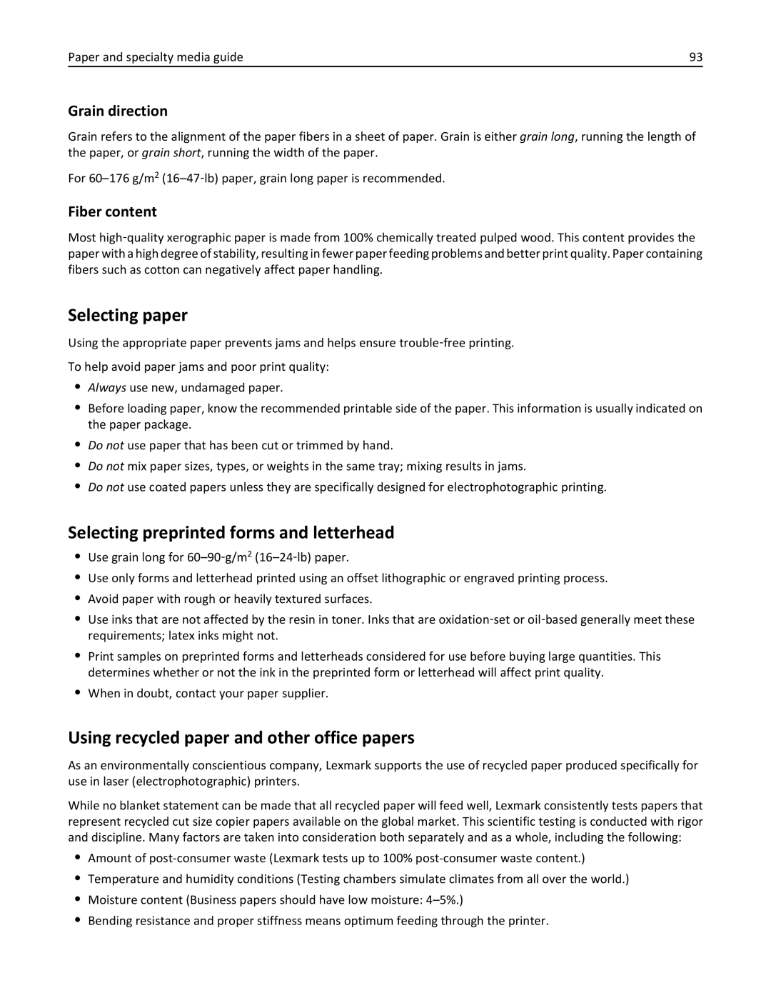 Lexmark 496, 696 Selecting paper, Selecting preprinted forms and letterhead, Using recycled paper and other office papers 