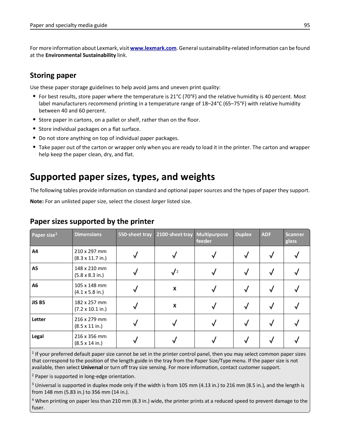 Lexmark 896, 496, 696 manual Supported paper sizes, types, and weights, Storing paper, Paper sizes supported by the printer 