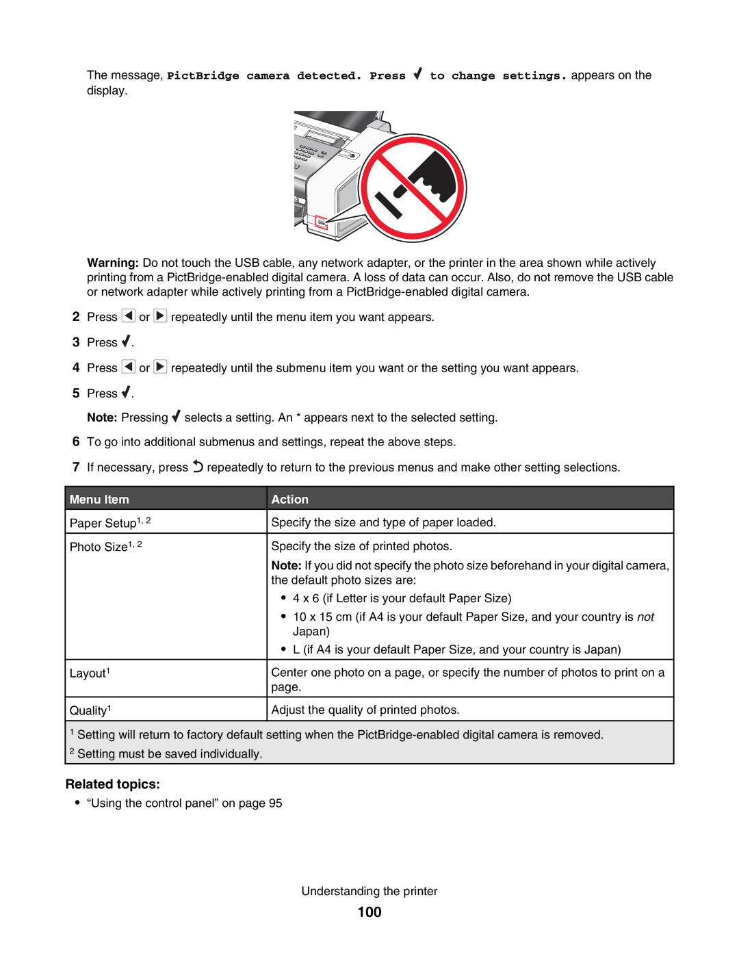 Lexmark 5000 Series manual 100, Menu Item, Action 