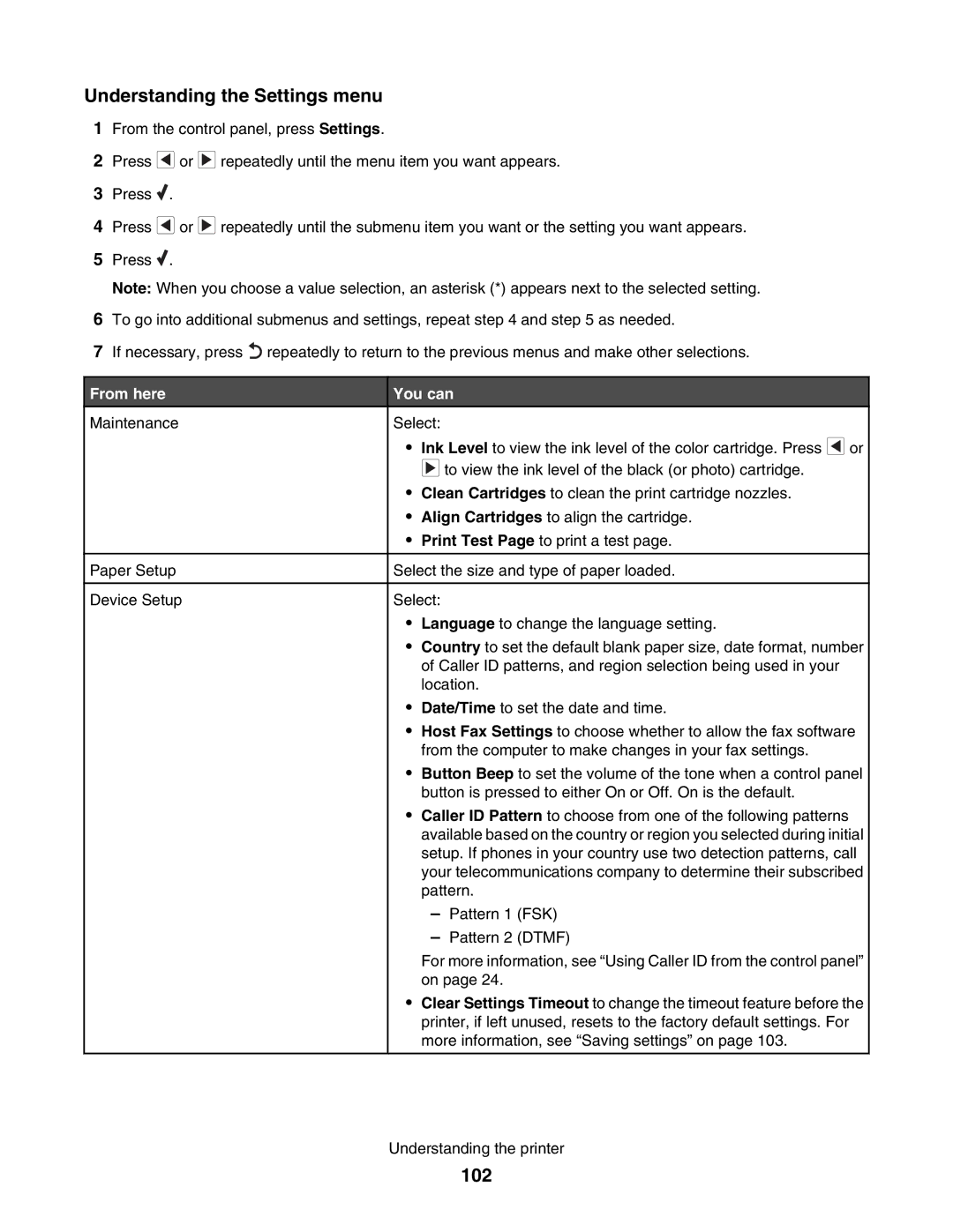 Lexmark 5000 Series manual Understanding the Settings menu, 102 