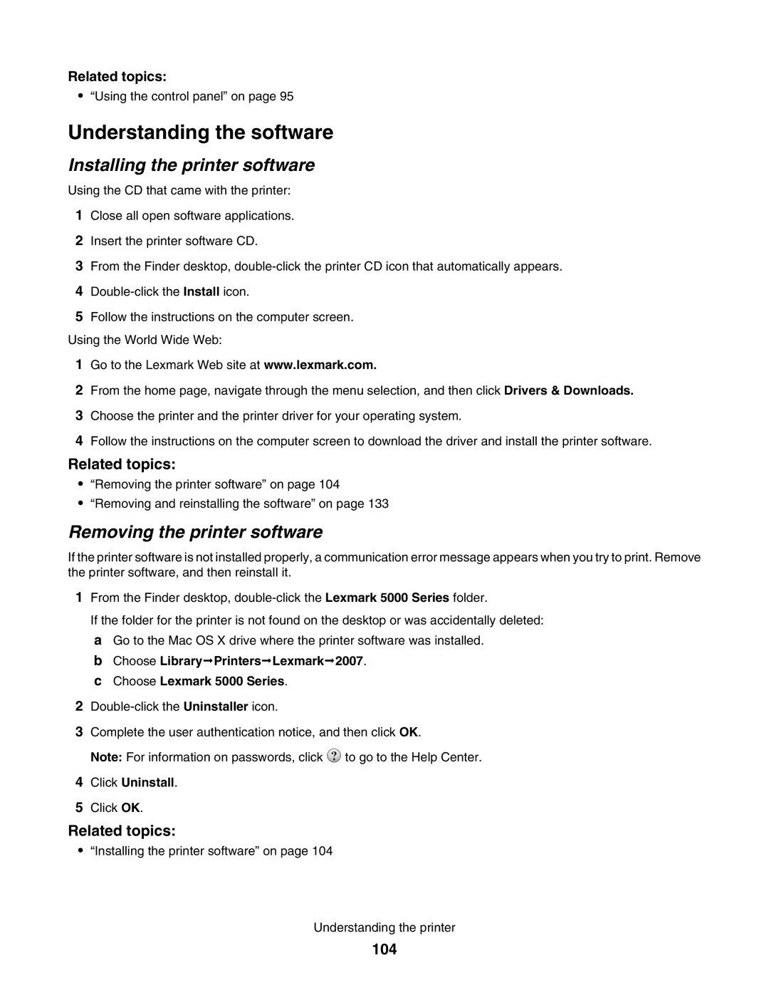 Lexmark 5000 Series manual Understanding the software, Installing the printer software, Removing the printer software, 104 