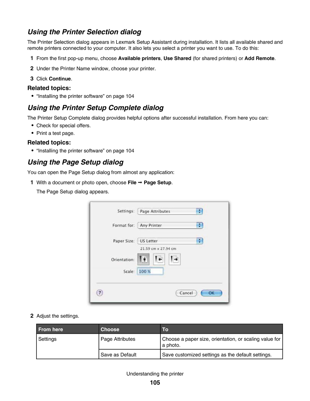 Lexmark 5000 Series Using the Printer Selection dialog, Using the Printer Setup Complete dialog, 105, From here Choose 