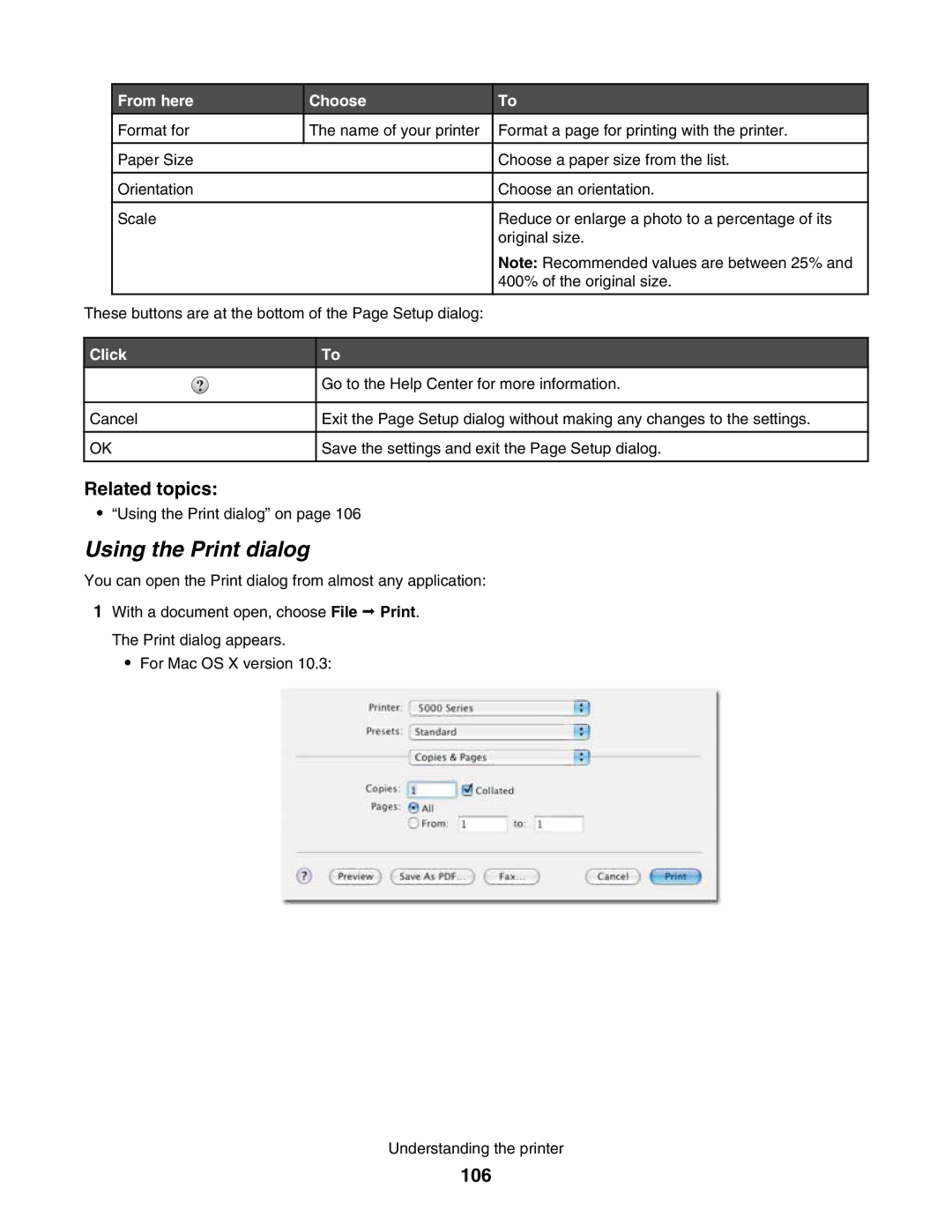 Lexmark 5000 Series manual Using the Print dialog, 106 