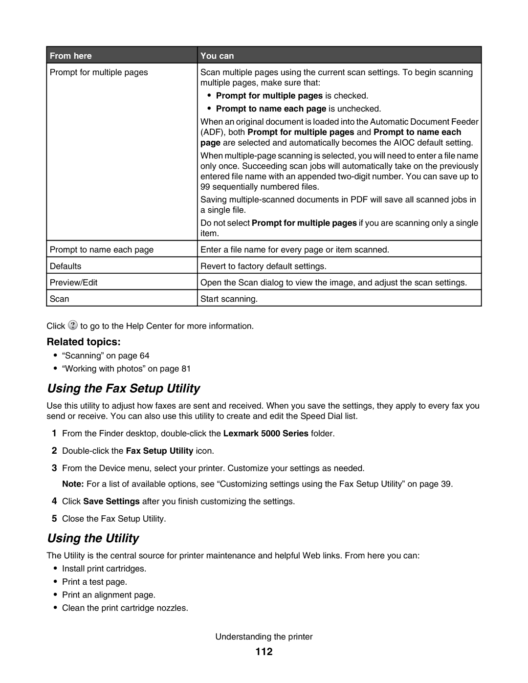 Lexmark 5000 Series Using the Utility, 112, Prompt for multiple pages is checked, Prompt to name each page is unchecked 