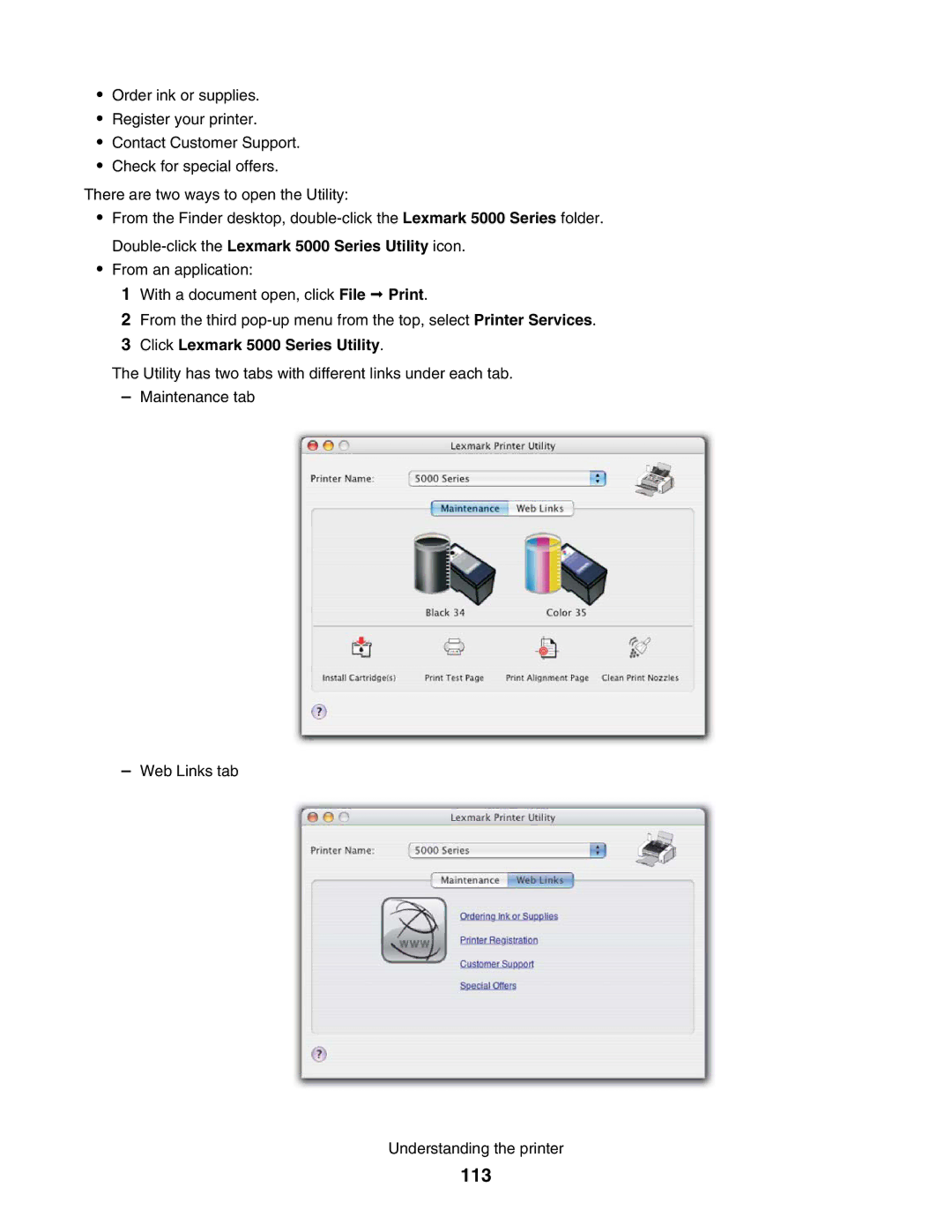 Lexmark manual 113, Click Lexmark 5000 Series Utility 