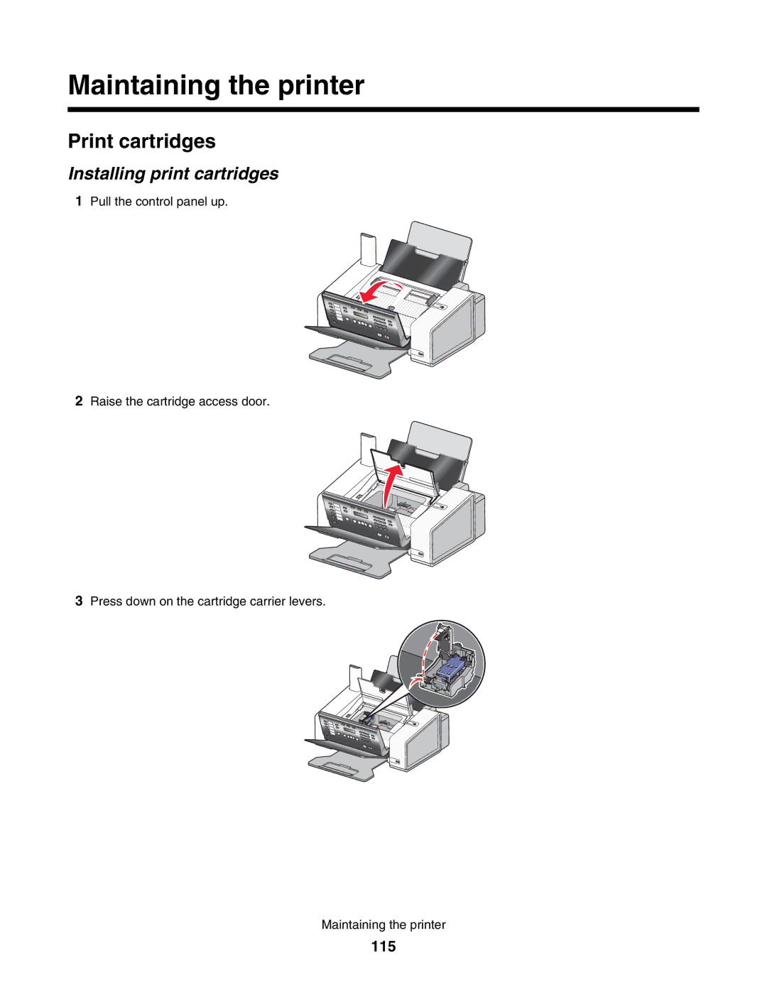 Lexmark 5000 Series manual Maintaining the printer, Print cartridges, Installing print cartridges, 115 