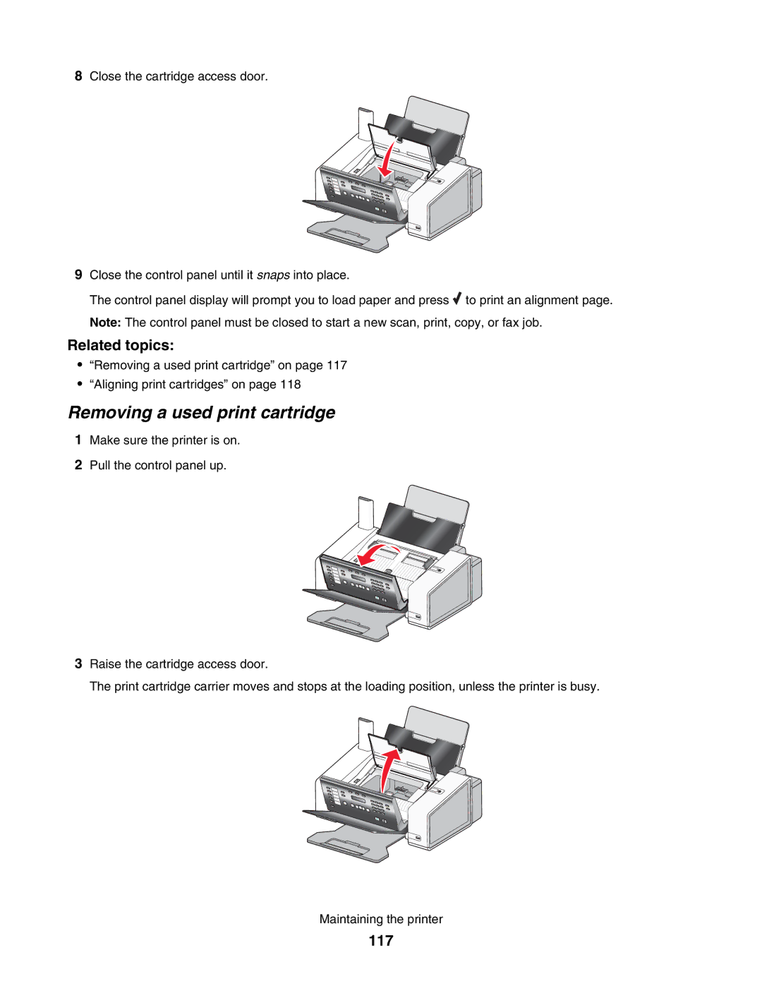 Lexmark 5000 Series manual Removing a used print cartridge, 117 