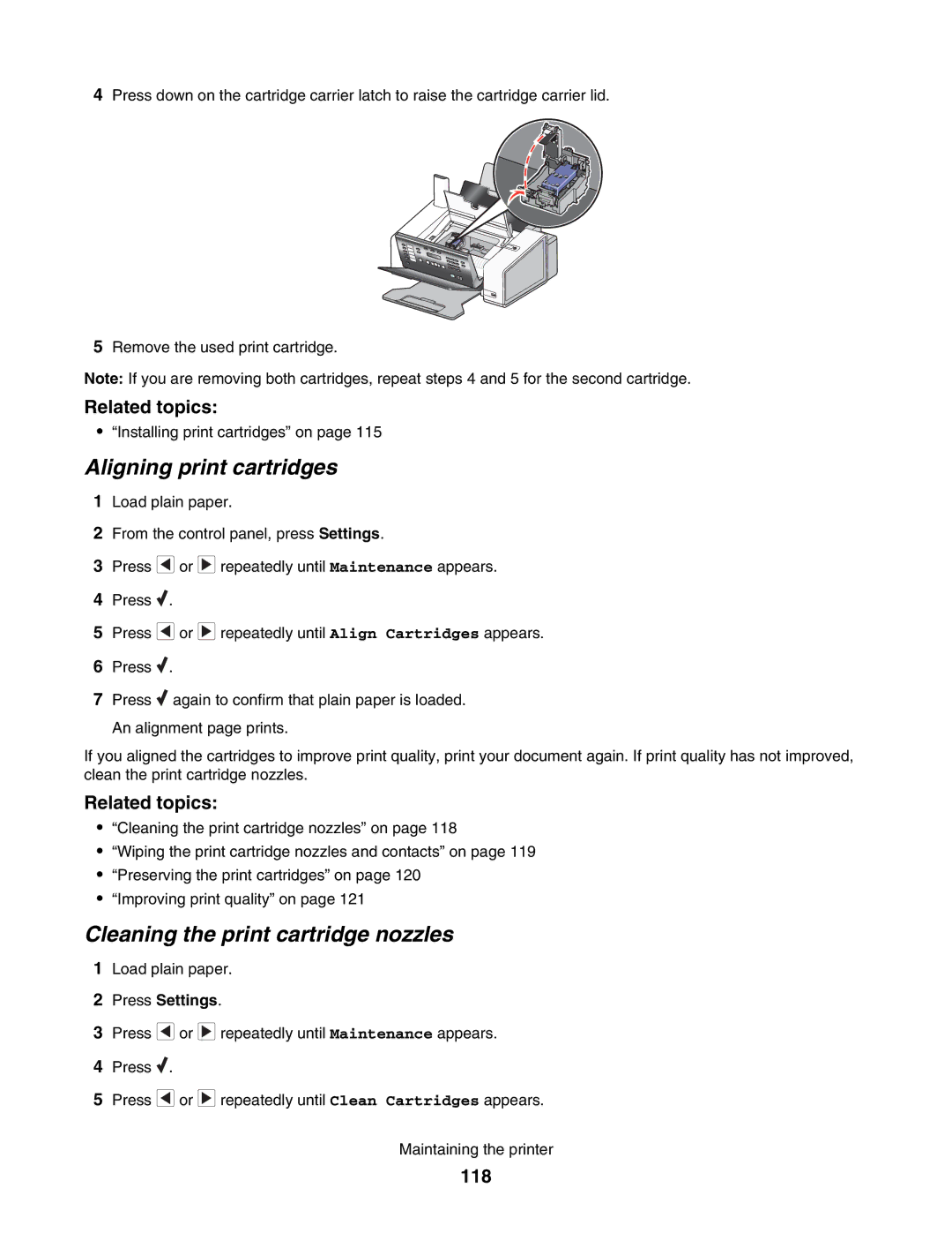Lexmark 5000 Series manual Aligning print cartridges, Cleaning the print cartridge nozzles, 118, Press Settings 