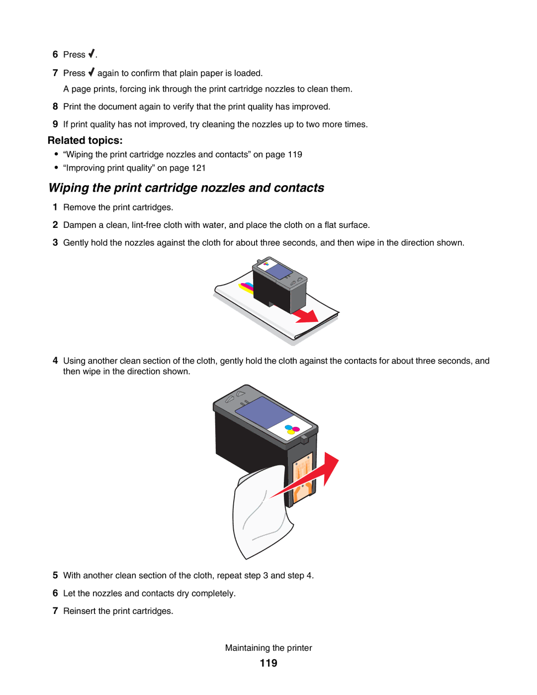 Lexmark 5000 Series manual Wiping the print cartridge nozzles and contacts, 119 