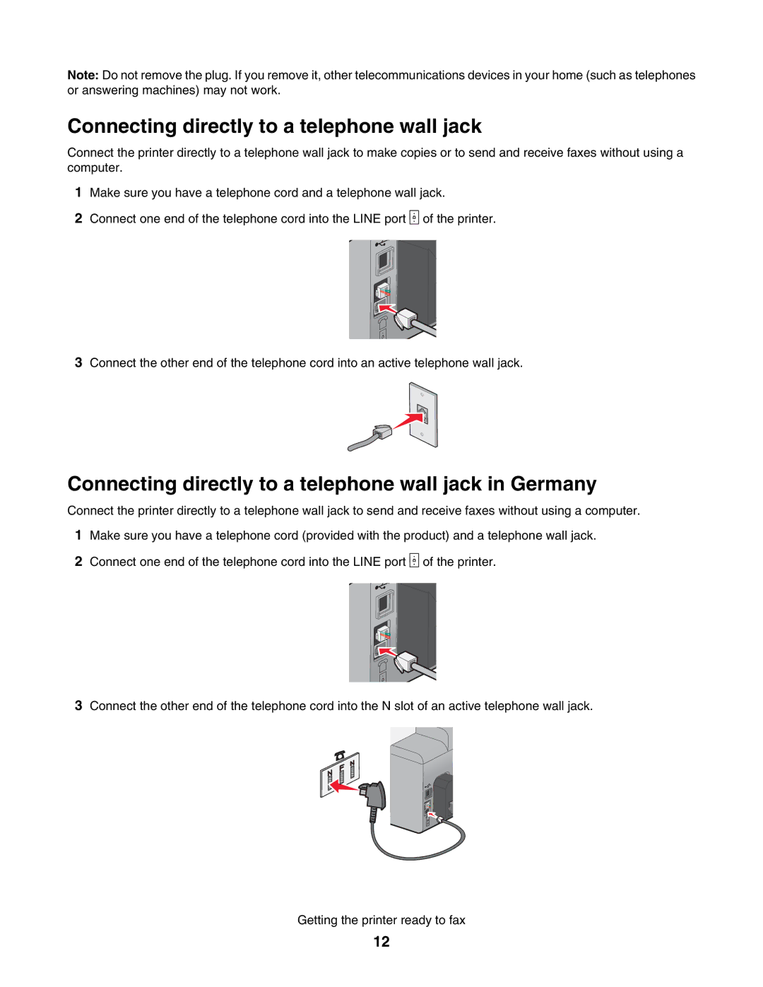 Lexmark 5000 Series manual Connecting directly to a telephone wall jack in Germany 