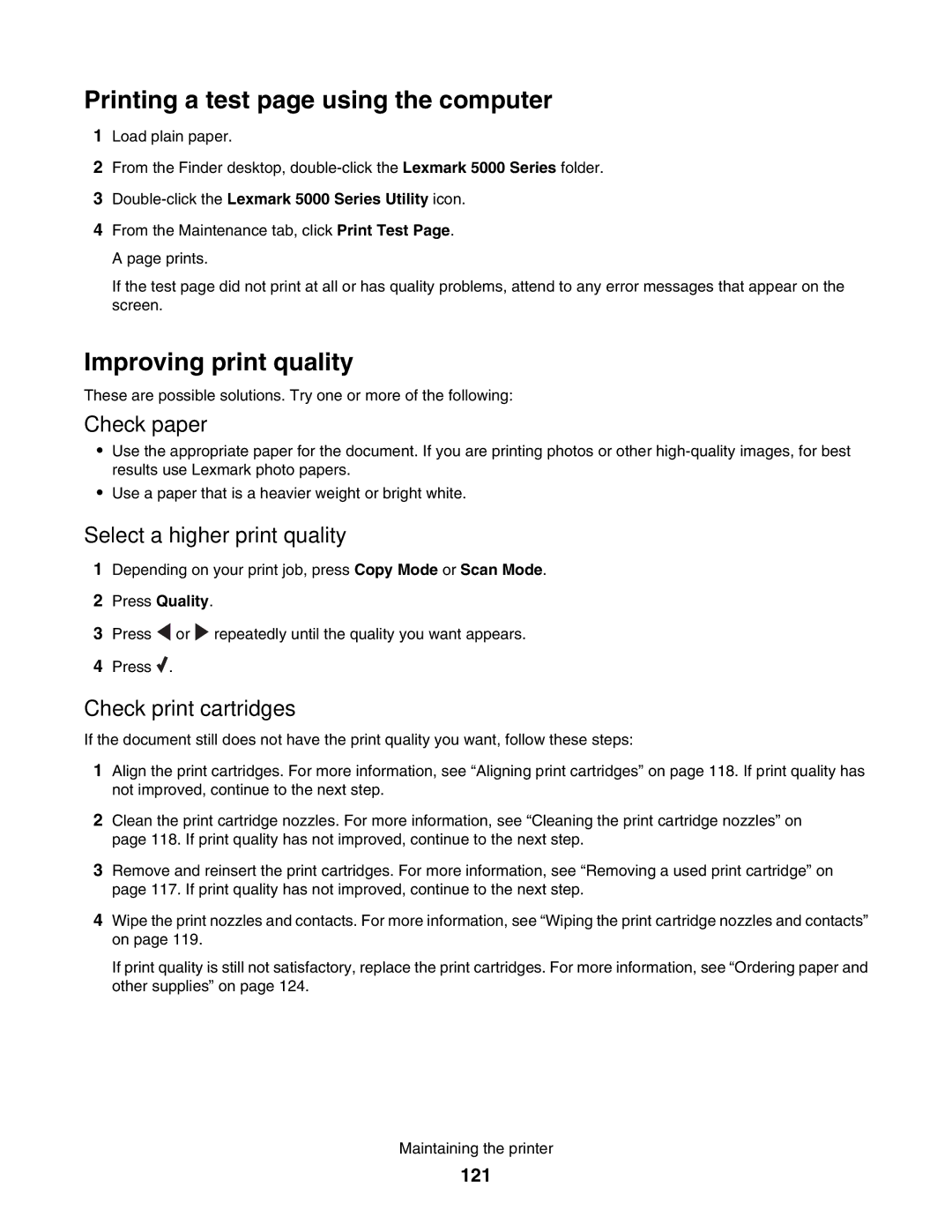 Lexmark 5000 Series Printing a test page using the computer, Improving print quality, Check paper, Check print cartridges 