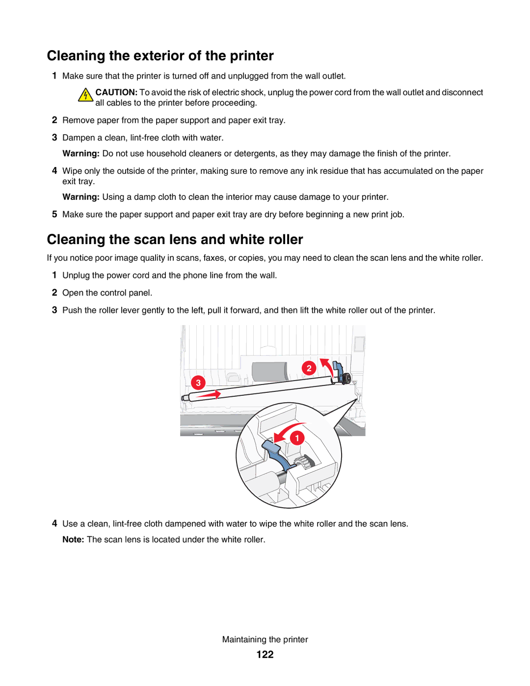 Lexmark 5000 Series manual Cleaning the exterior of the printer, Cleaning the scan lens and white roller, 122 