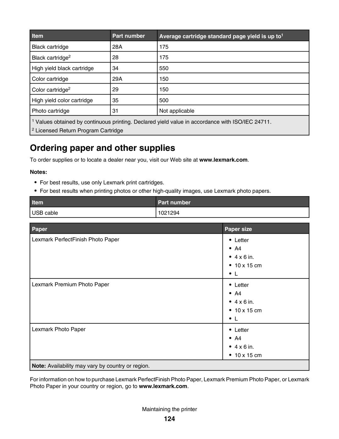 Lexmark 5000 Series manual Ordering paper and other supplies, 124 