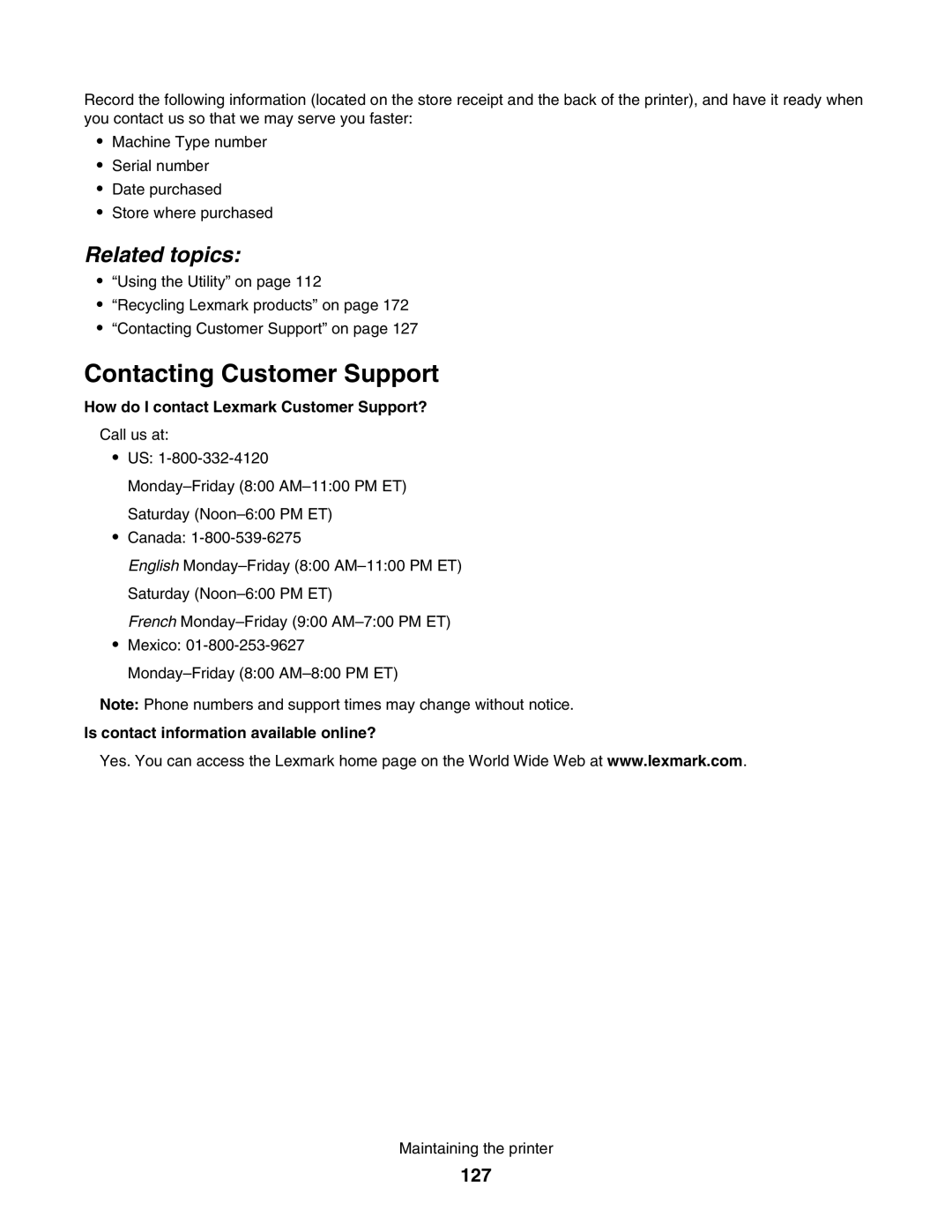 Lexmark 5000 Series manual Contacting Customer Support, 127, How do I contact Lexmark Customer Support? 