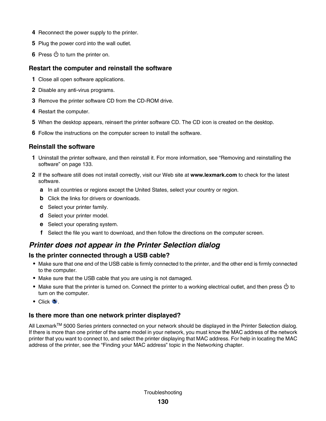 Lexmark 5000 Series manual Printer does not appear in the Printer Selection dialog 