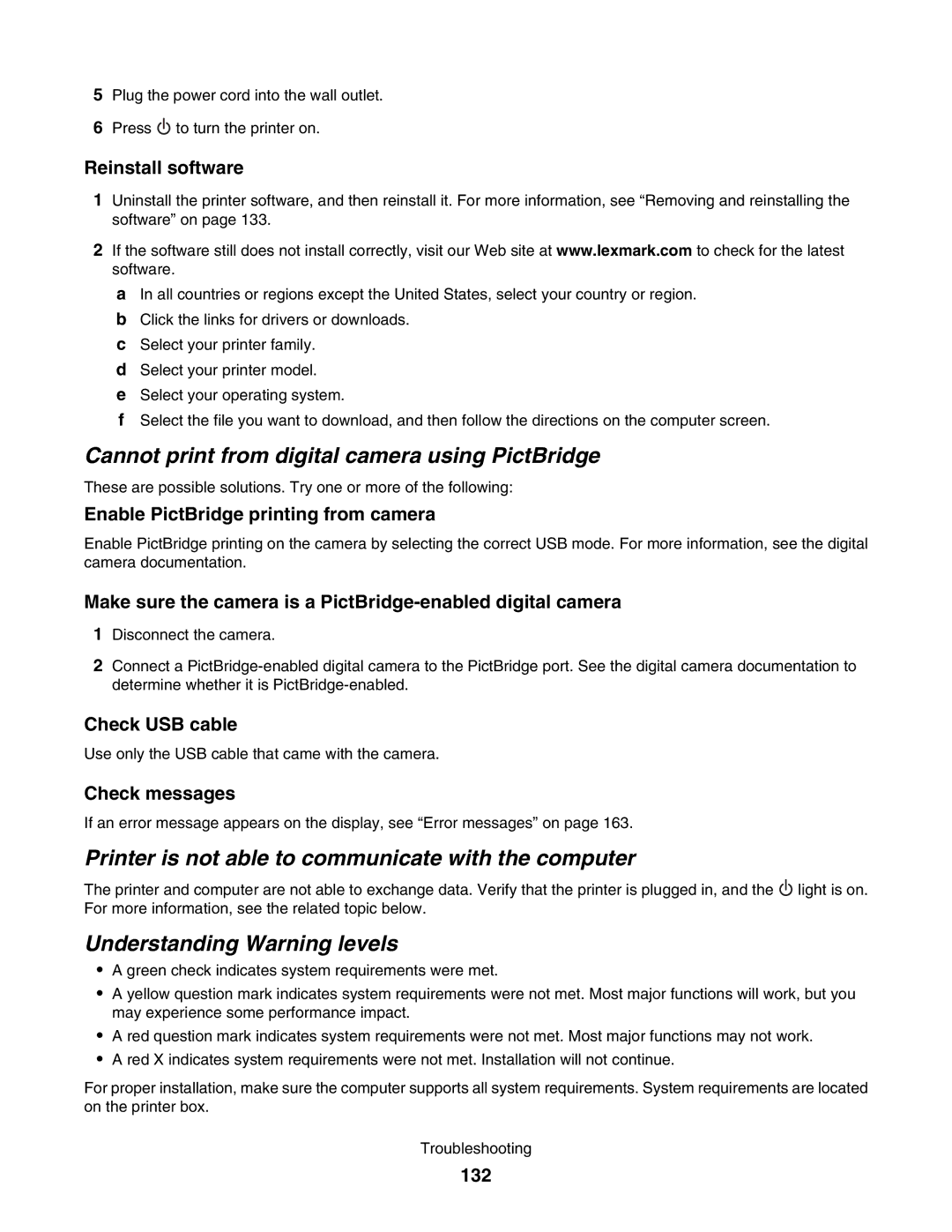 Lexmark 5000 Series manual Cannot print from digital camera using PictBridge, Understanding Warning levels 