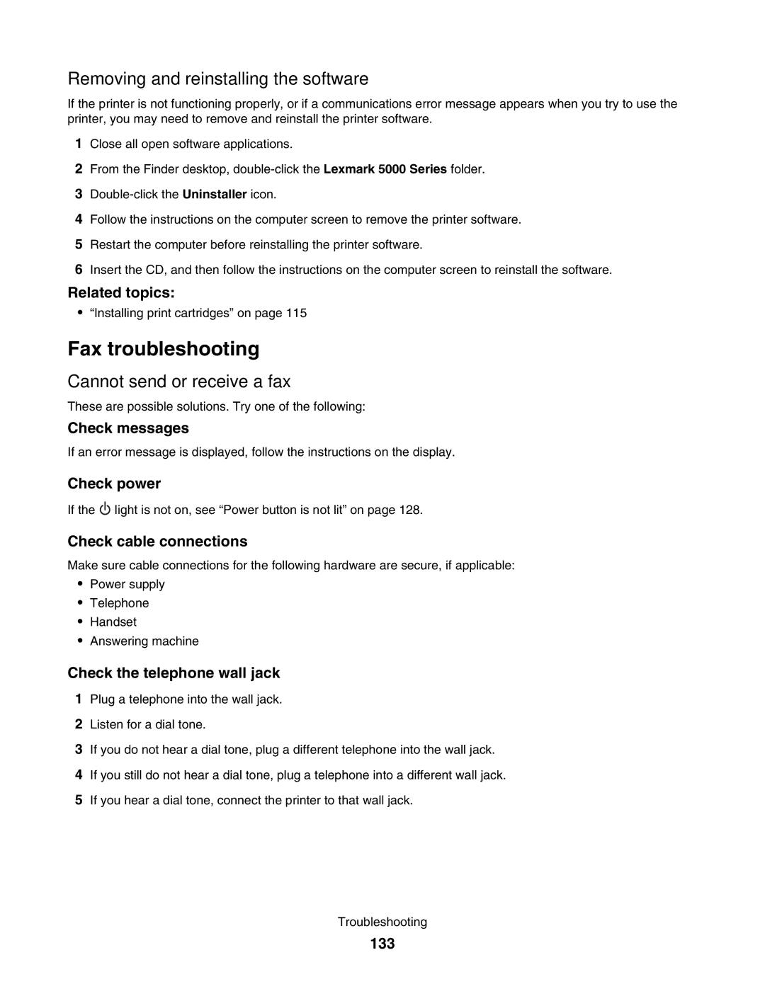 Lexmark 5000 Series manual Fax troubleshooting, Removing and reinstalling the software, Cannot send or receive a fax 