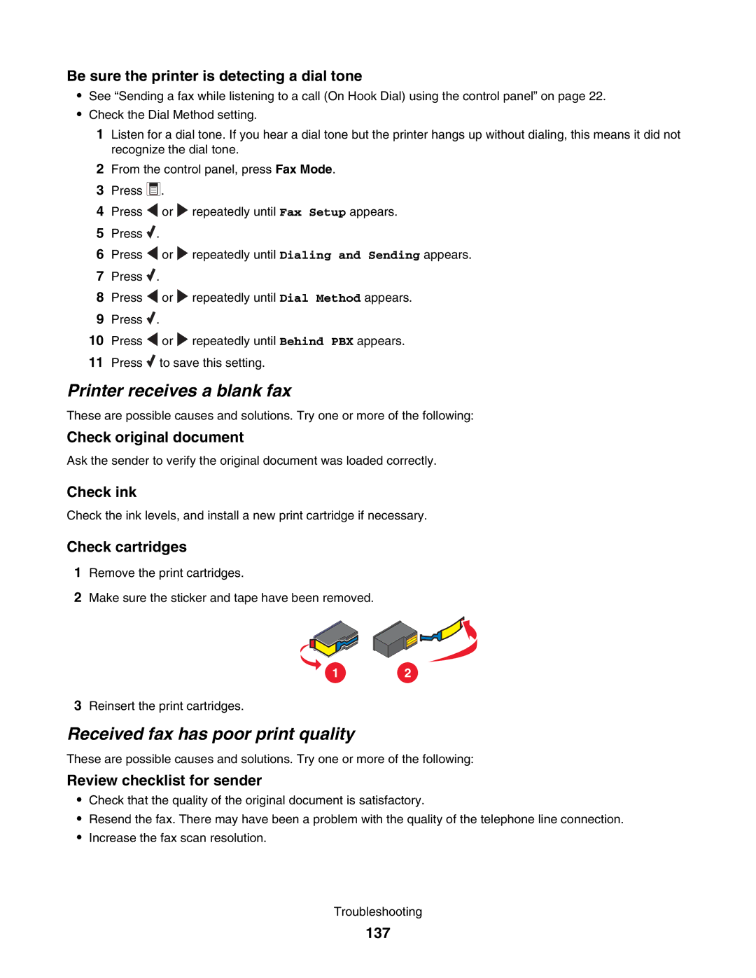 Lexmark 5000 Series manual Printer receives a blank fax, Received fax has poor print quality 