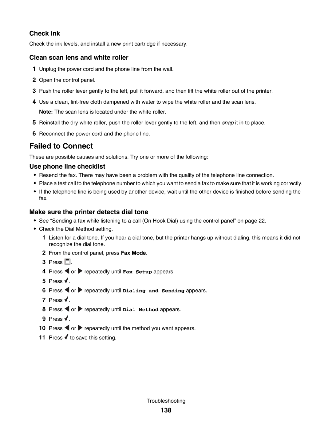 Lexmark 5000 Series Clean scan lens and white roller, Use phone line checklist, Make sure the printer detects dial tone 