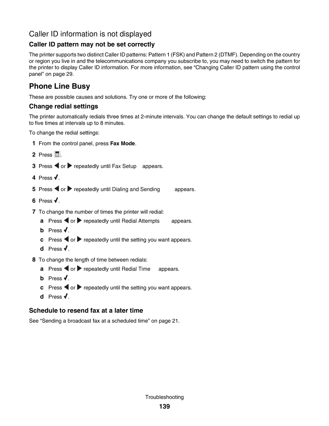 Lexmark 5000 Series manual Caller ID information is not displayed, Caller ID pattern may not be set correctly, 139 