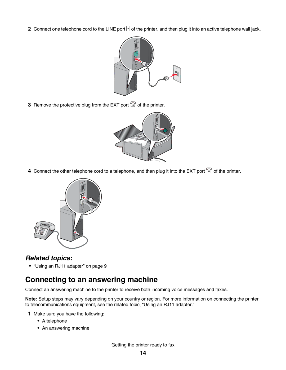 Lexmark 5000 Series manual Connecting to an answering machine, Related topics 