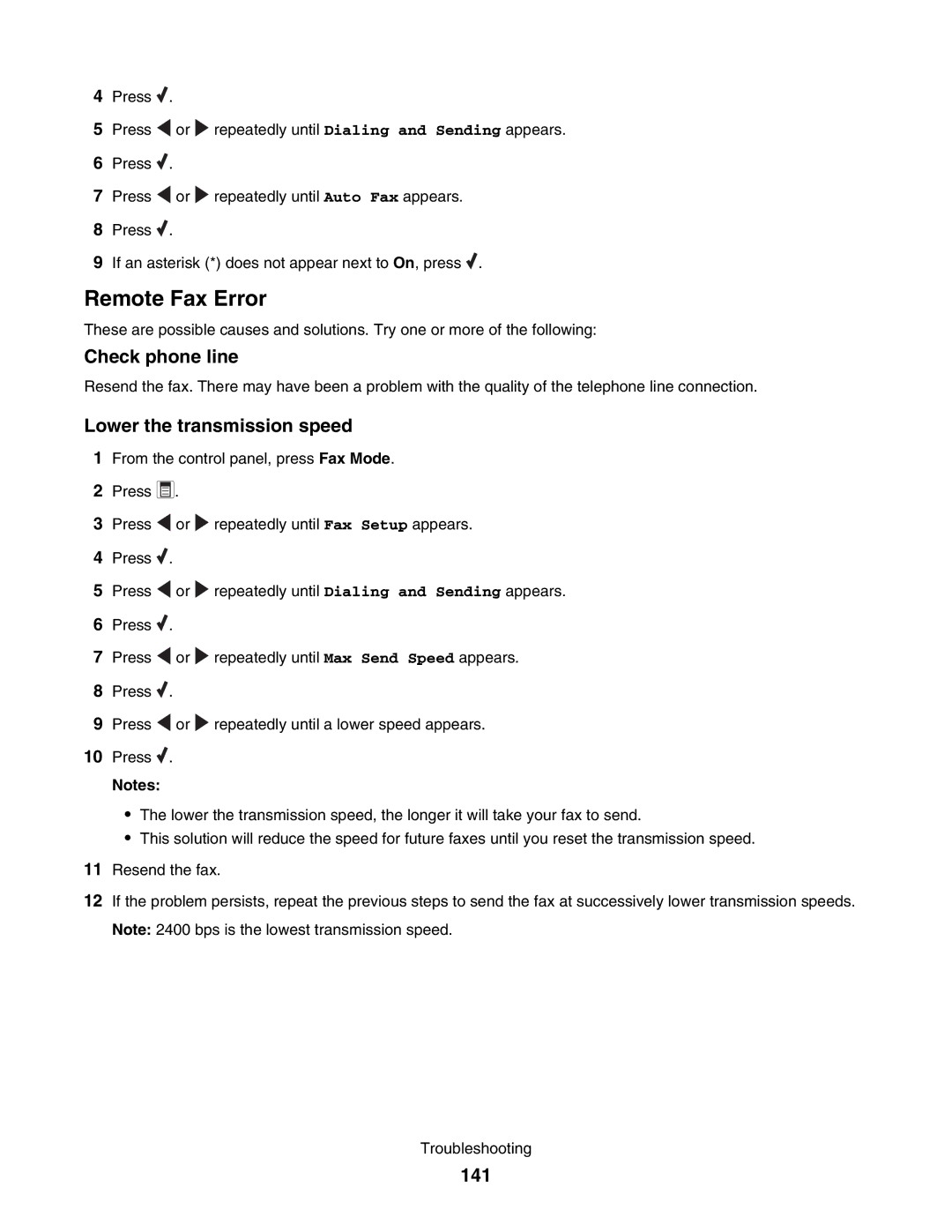 Lexmark 5000 Series manual Lower the transmission speed, 141 