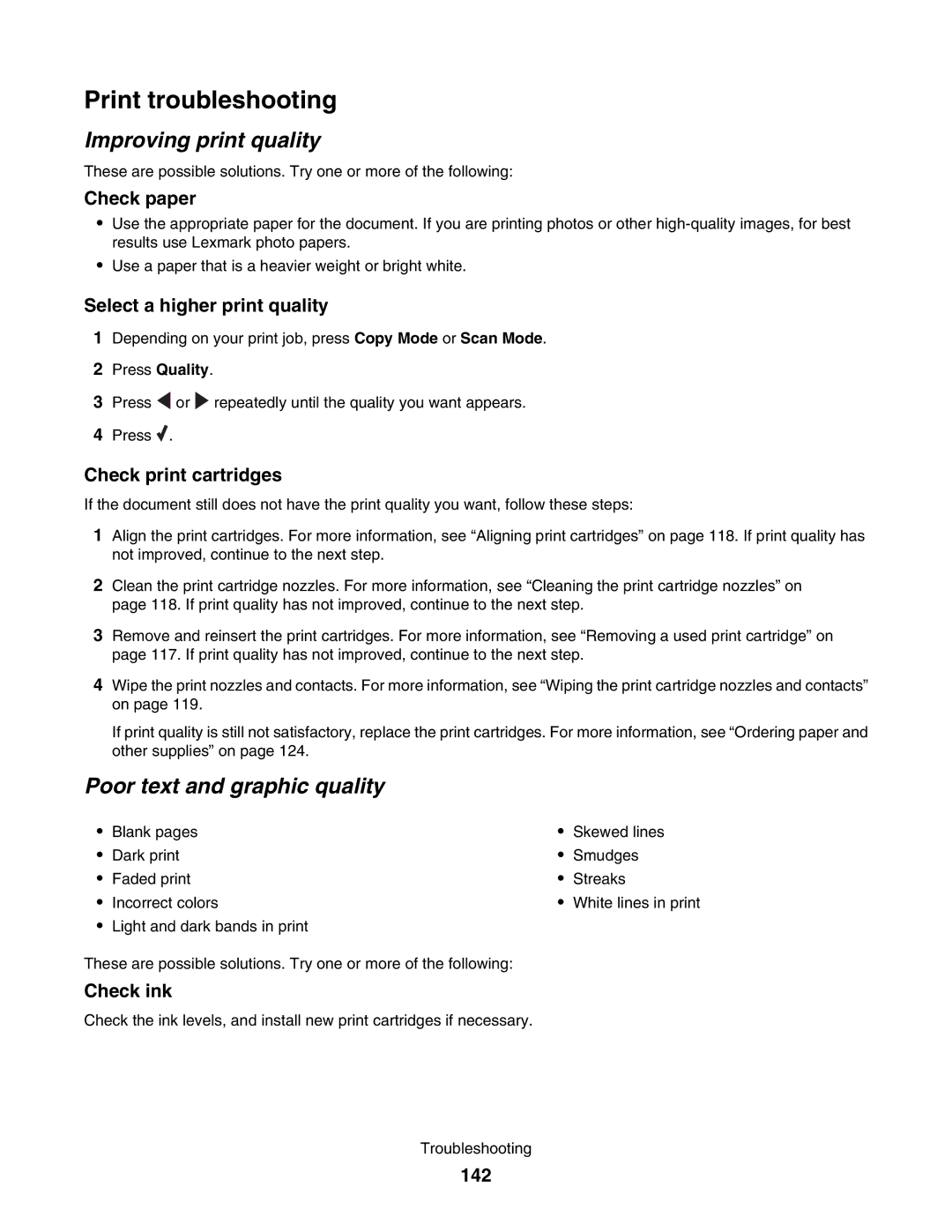 Lexmark 5000 Series manual Print troubleshooting, Improving print quality, Poor text and graphic quality 