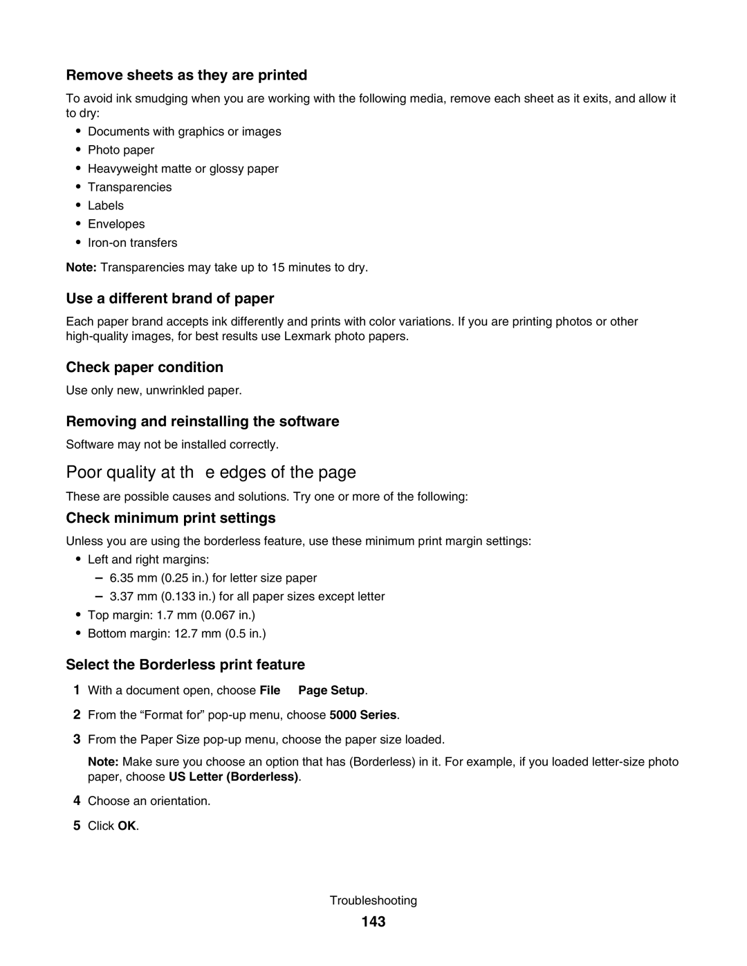 Lexmark 5000 Series manual Poor quality at the edges 