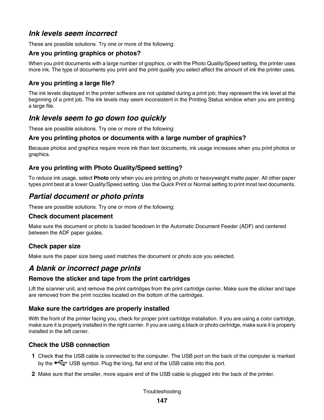 Lexmark 5000 Series Ink levels seem incorrect, Ink levels seem to go down too quickly, Partial document or photo prints 