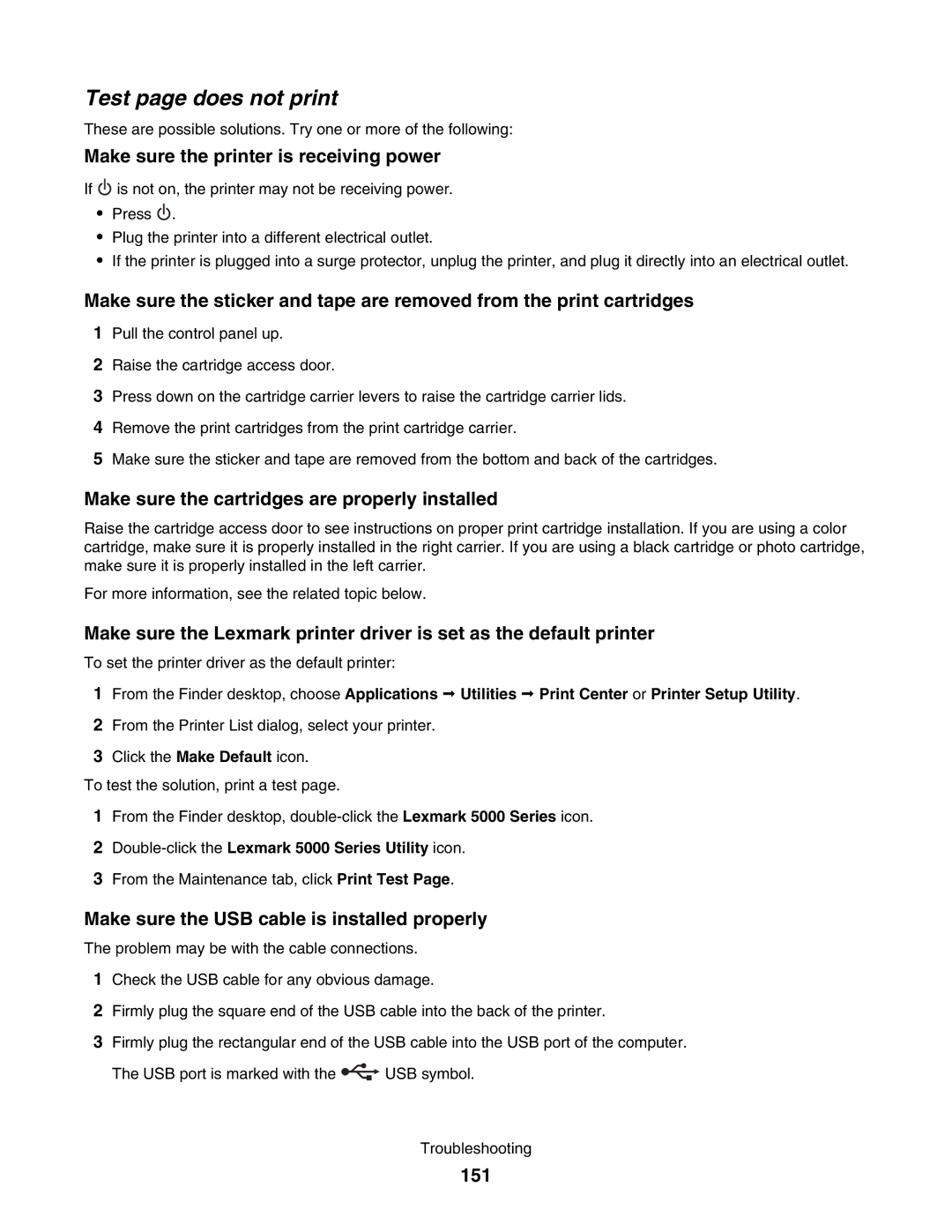 Lexmark 5000 Series manual Test page does not print, Make sure the printer is receiving power, 151 