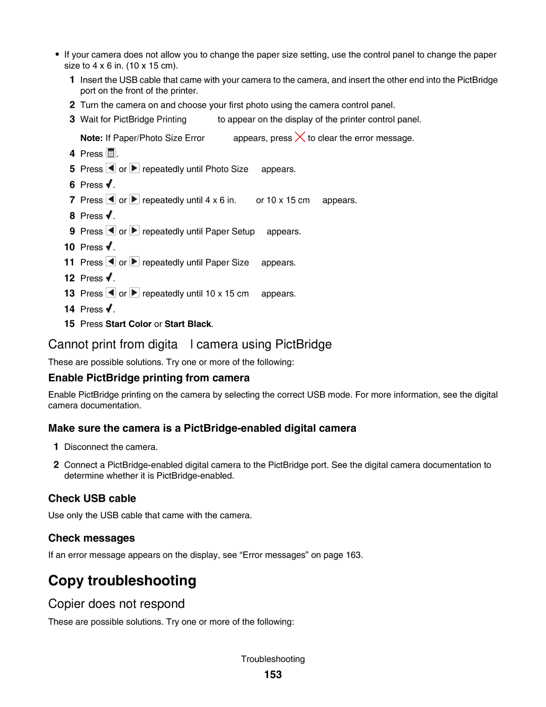 Lexmark 5000 Series manual Copy troubleshooting, Copier does not respond, 153 