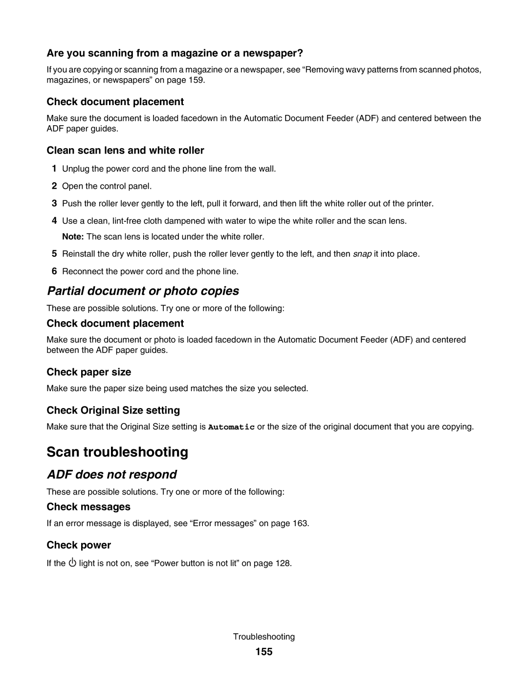 Lexmark 5000 Series manual Scan troubleshooting, Partial document or photo copies, ADF does not respond 