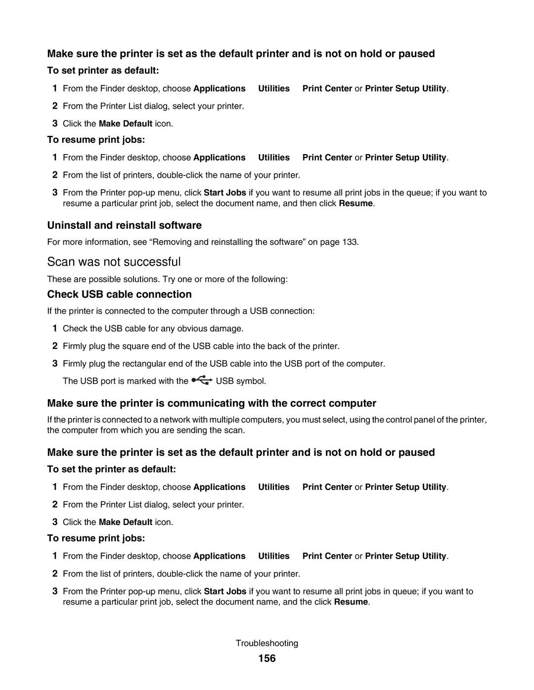 Lexmark 5000 Series manual Scan was not successful, Uninstall and reinstall software, Check USB cable connection, 156 