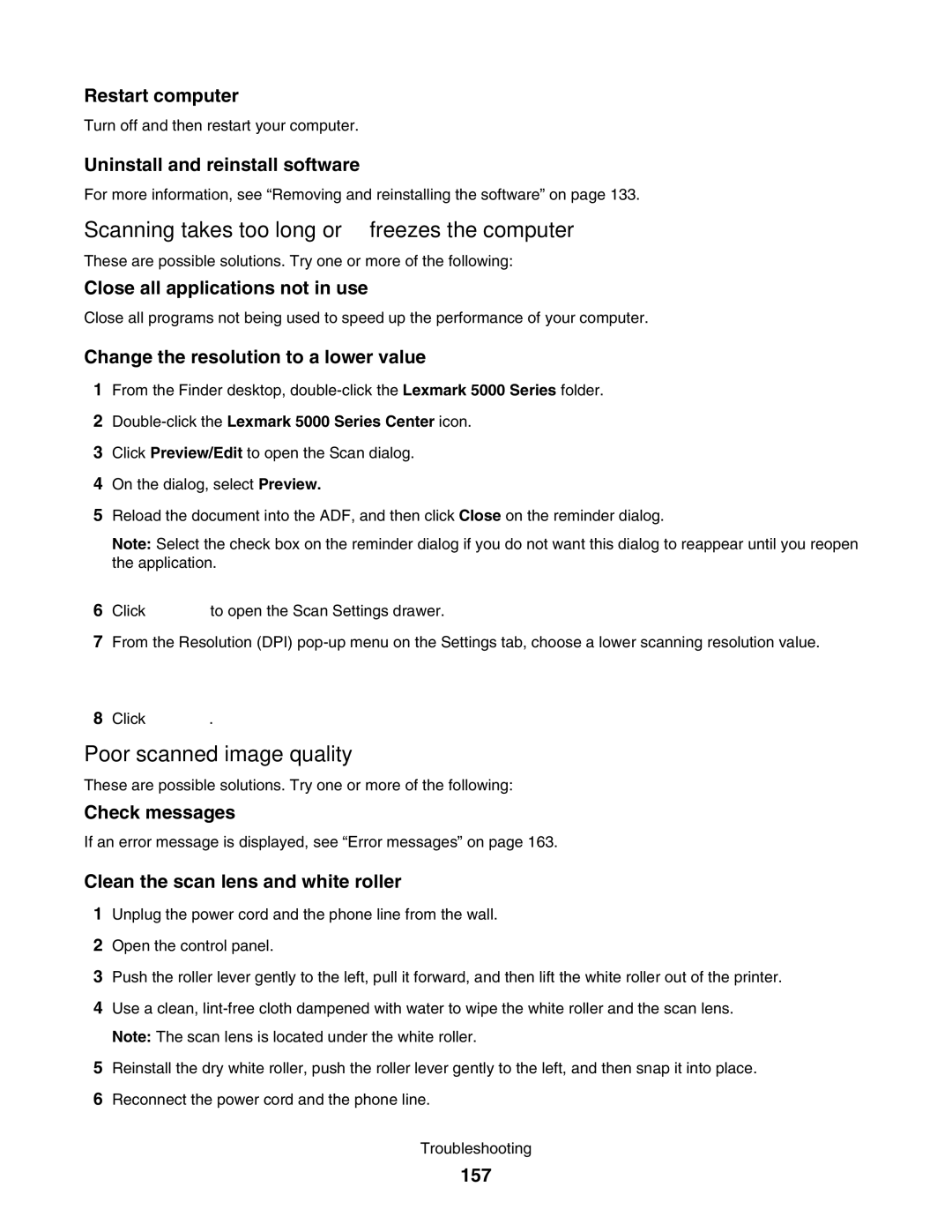 Lexmark 5000 Series manual Scanning takes too long or freezes the computer, Poor scanned image quality 